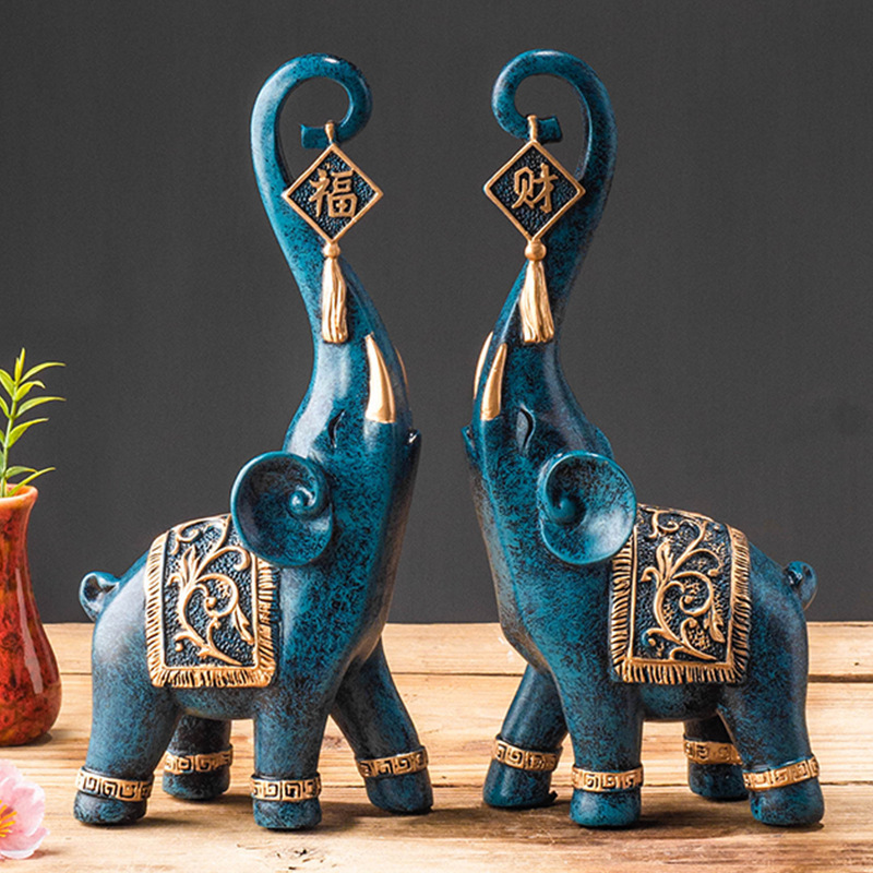 한 쌍의 중국 스타일 행운의 코끼리 코 조각상 가정 장 - Resin Art Gift For Anniversary 리뷰 및 가격