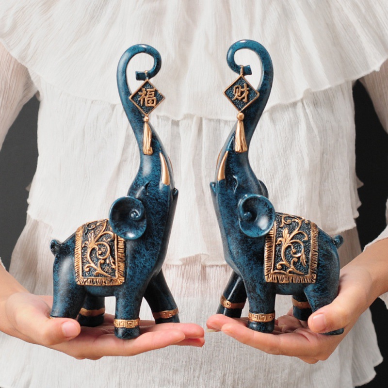 한 쌍의 중국 스타일 행운의 코끼리 코 조각상 가정 장 - Resin Art Gift For Anniversary 리뷰 및 가격